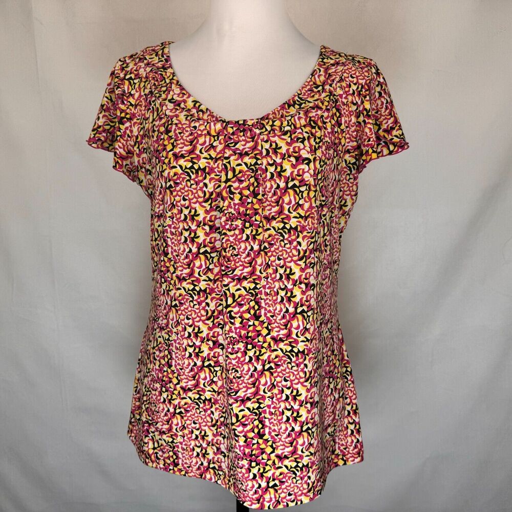 ALFANI Sz M Pink Yellow Black White Scoop neckline front pleat flutter sleeve